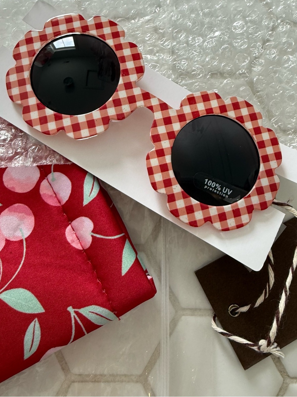 Kids Red Gingham Flower Sunglasses